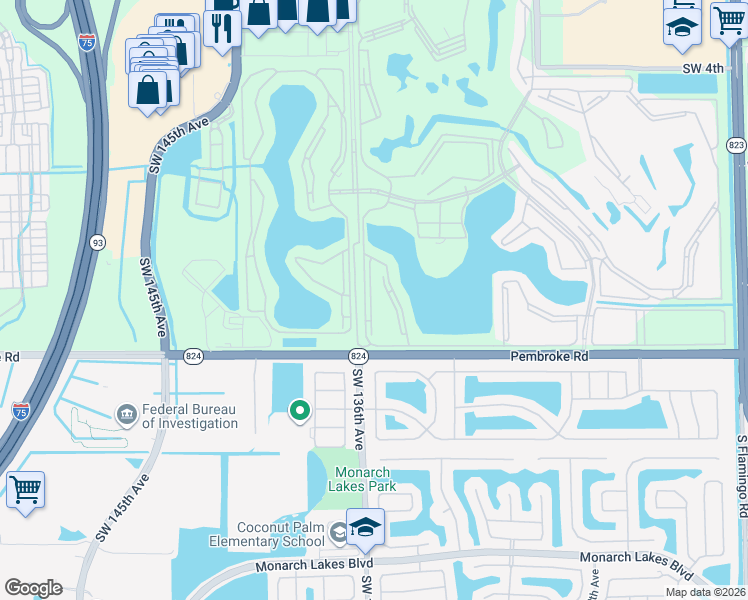 map of restaurants, bars, coffee shops, grocery stores, and more near 1401 Southwest 135th Terrace in Pembroke Pines