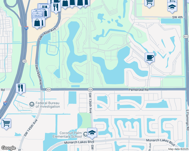 map of restaurants, bars, coffee shops, grocery stores, and more near 1401 Southwest 135th Terrace in Pembroke Pines