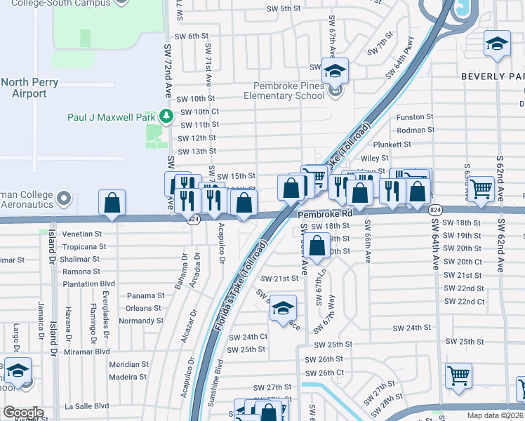 map of restaurants, bars, coffee shops, grocery stores, and more near 6942 Pembroke Road in Pembroke Pines