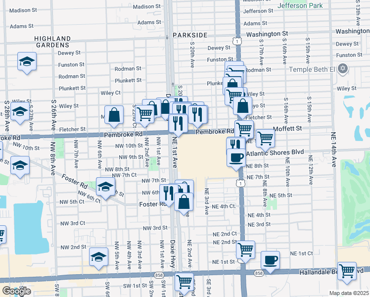 map of restaurants, bars, coffee shops, grocery stores, and more near 2002 West Pembroke Road in Hallandale Beach