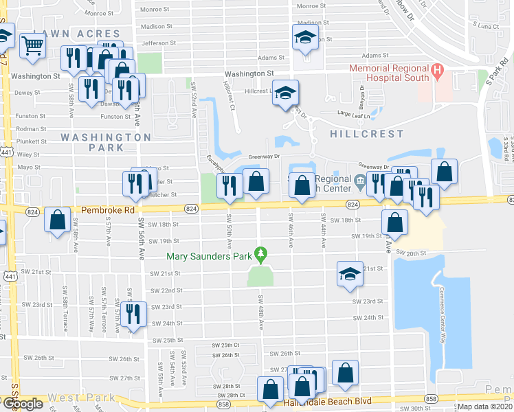 map of restaurants, bars, coffee shops, grocery stores, and more near Southwest 48th Avenue in Hollywood