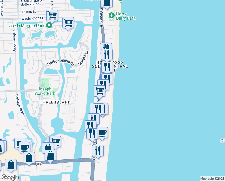 map of restaurants, bars, coffee shops, grocery stores, and more near 2751 South Ocean Drive in Hollywood