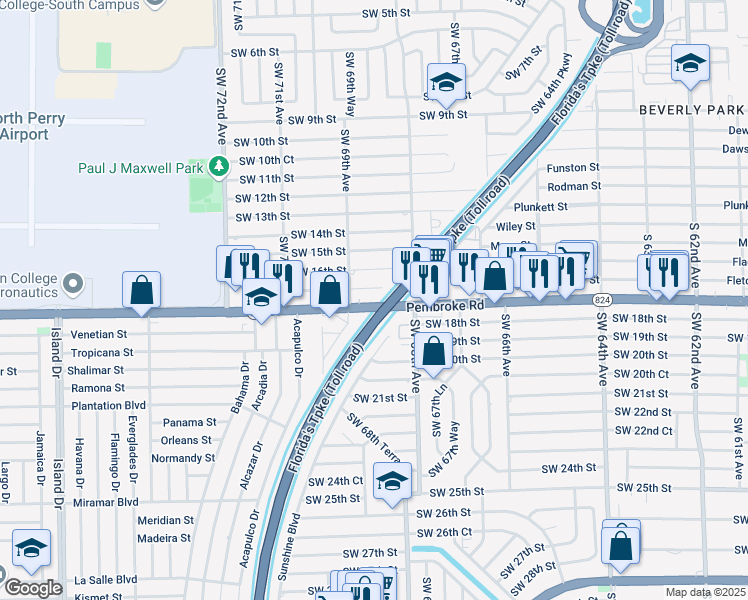 map of restaurants, bars, coffee shops, grocery stores, and more near 6839 Pembroke Road in Pembroke Pines