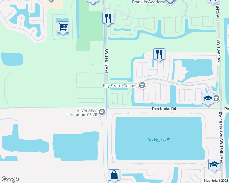 map of restaurants, bars, coffee shops, grocery stores, and more near 1511 Southwest 194th Terrace in Pembroke Pines