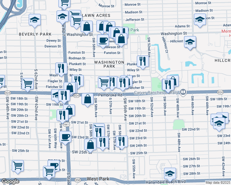 map of restaurants, bars, coffee shops, grocery stores, and more near 5690 Pembroke Road in West Park
