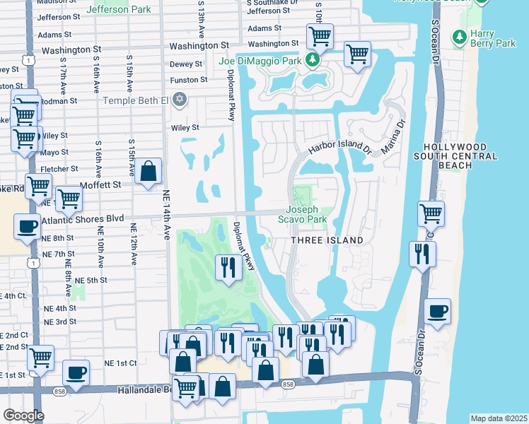 map of restaurants, bars, coffee shops, grocery stores, and more near 2000 Atlantic Shores Boulevard in Hallandale Beach