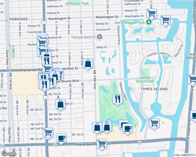 map of restaurants, bars, coffee shops, grocery stores, and more near 1420 Atlantic Shores Boulevard in Hallandale Beach