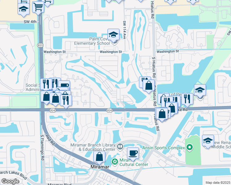 map of restaurants, bars, coffee shops, grocery stores, and more near 1393 Southwest 115th Avenue in Miramar