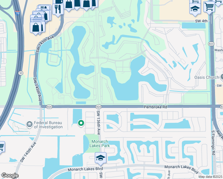 map of restaurants, bars, coffee shops, grocery stores, and more near 1401 Southwest 134th Way in Pembroke Pines