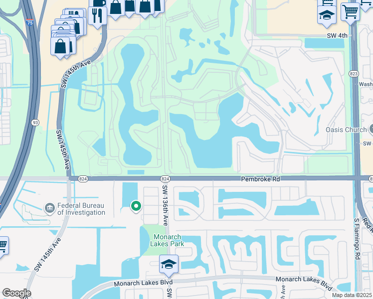 map of restaurants, bars, coffee shops, grocery stores, and more near 1401 Southwest 134th Way in Pembroke Pines