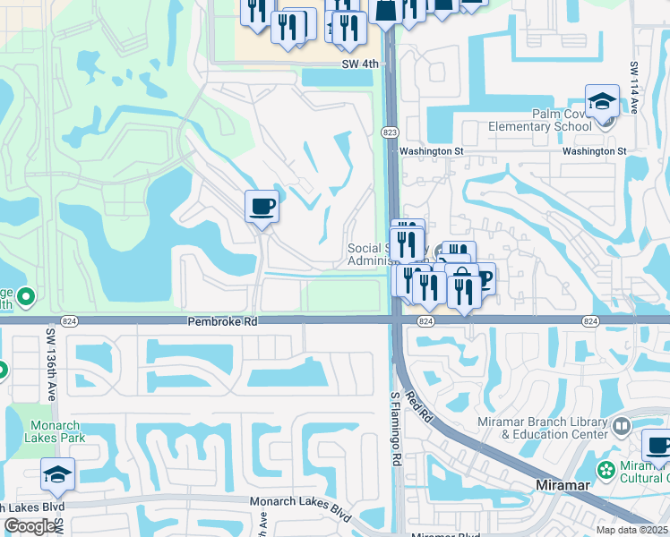 map of restaurants, bars, coffee shops, grocery stores, and more near 1410 Southwest 125th Avenue in Pembroke Pines