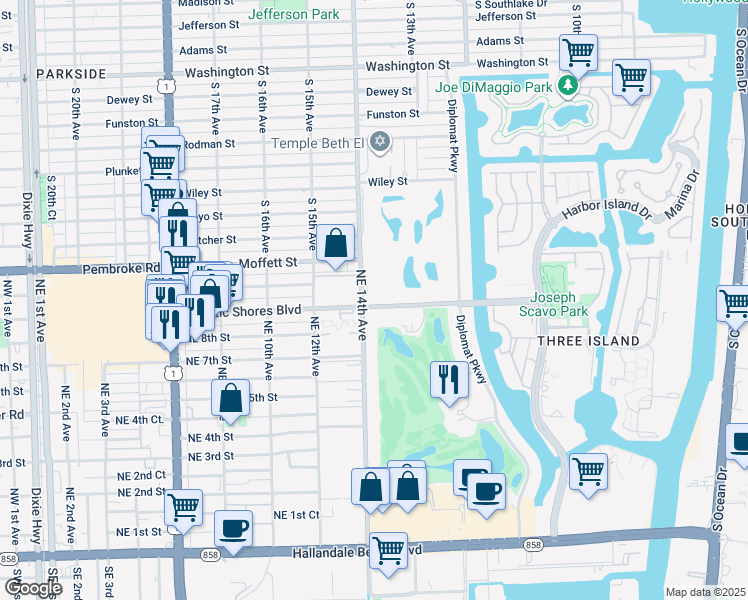 map of restaurants, bars, coffee shops, grocery stores, and more near 1420 Atlantic Shores Boulevard in Hallandale Beach