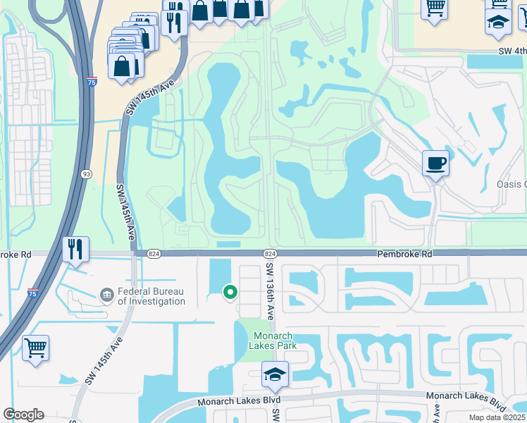 map of restaurants, bars, coffee shops, grocery stores, and more near 1401 Southwest 135th Terrace in Pembroke Pines