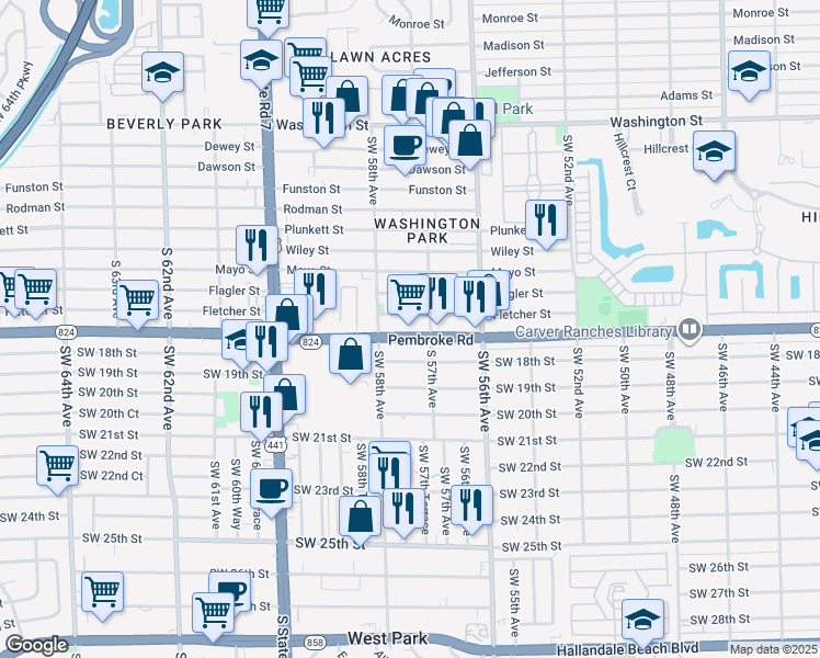map of restaurants, bars, coffee shops, grocery stores, and more near 5730 Pembroke Road in Hollywood