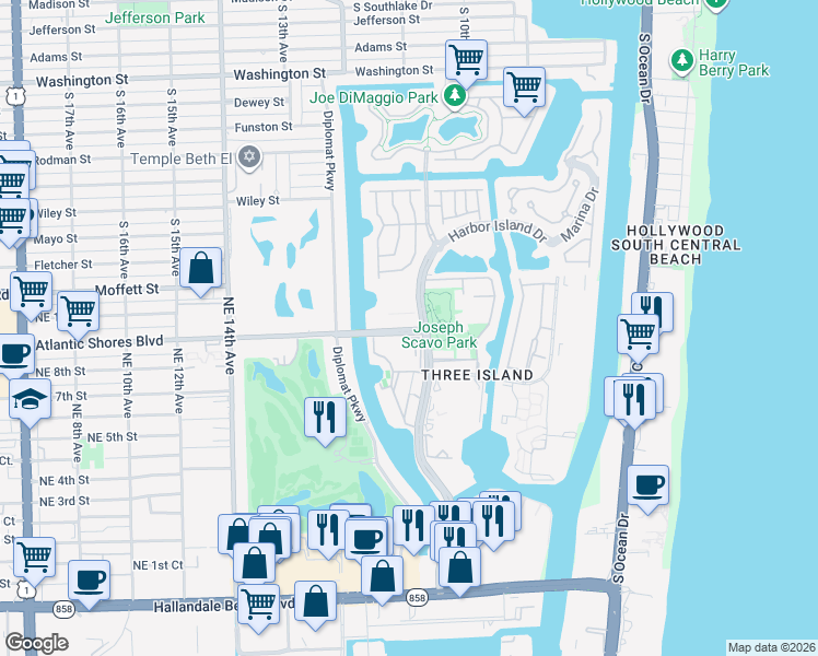 map of restaurants, bars, coffee shops, grocery stores, and more near 851 Three Islands Boulevard in Hallandale Beach