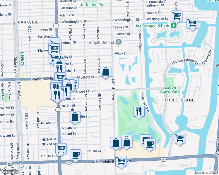 map of restaurants, bars, coffee shops, grocery stores, and more near 1420 Atlantic Shores Boulevard in Hallandale Beach