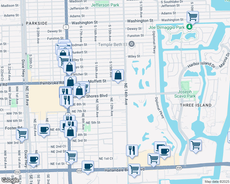 map of restaurants, bars, coffee shops, grocery stores, and more near 1250 Atlantic Shores Boulevard in Hallandale Beach