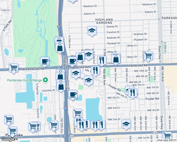map of restaurants, bars, coffee shops, grocery stores, and more near 908 Northwest 10th Street in Hallandale Beach