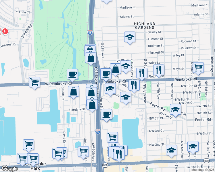 map of restaurants, bars, coffee shops, grocery stores, and more near 1043 Northwest 8th Street in Hallandale Beach