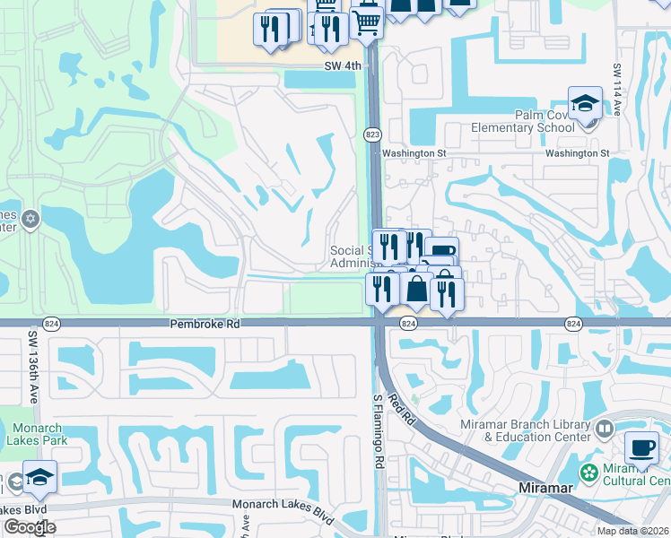 map of restaurants, bars, coffee shops, grocery stores, and more near 12550 Southwest 15th Street in Pembroke Pines