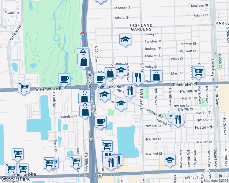 map of restaurants, bars, coffee shops, grocery stores, and more near 1012 Foster Road in Hallandale Beach