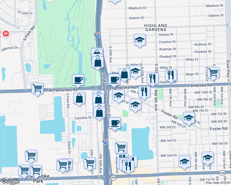 map of restaurants, bars, coffee shops, grocery stores, and more near 1043 Northwest 8th Street in Hallandale Beach