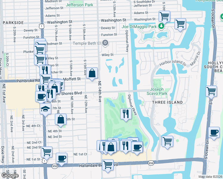 map of restaurants, bars, coffee shops, grocery stores, and more near 1450 Atlantic Shores Boulevard in Hallandale Beach