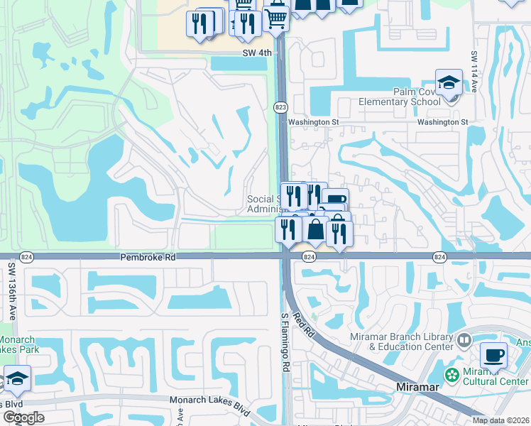 map of restaurants, bars, coffee shops, grocery stores, and more near 12550 Southwest 15th Street in Pembroke Pines