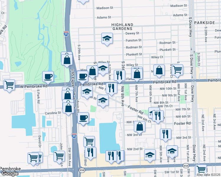 map of restaurants, bars, coffee shops, grocery stores, and more near 828 Northwest 10th Street in Hallandale Beach