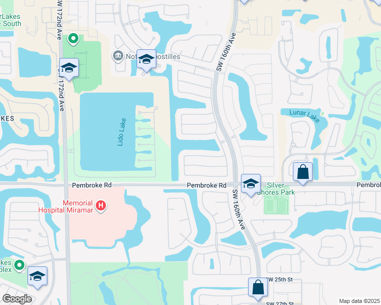 map of restaurants, bars, coffee shops, grocery stores, and more near 16336 Southwest 14th Street in Pembroke Pines