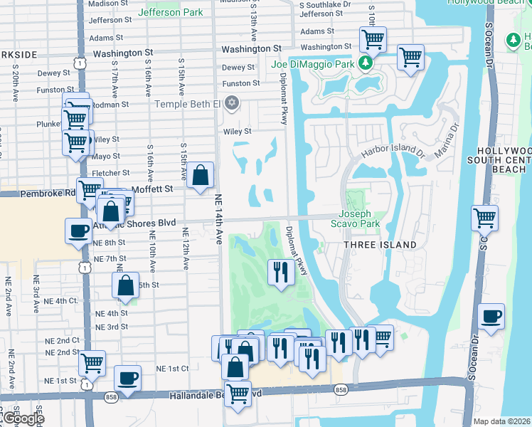 map of restaurants, bars, coffee shops, grocery stores, and more near 1600 Atlantic Shores Boulevard in Hallandale Beach