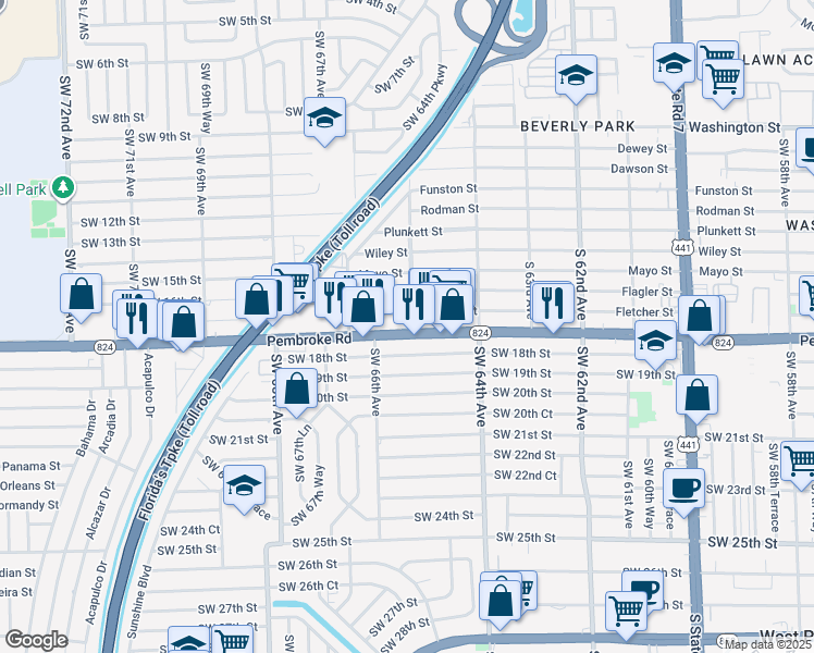 map of restaurants, bars, coffee shops, grocery stores, and more near 6570 Pembroke Road in Miramar