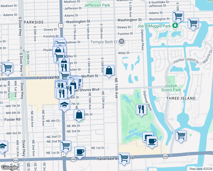map of restaurants, bars, coffee shops, grocery stores, and more near 1250 Atlantic Shores Boulevard in Hallandale Beach