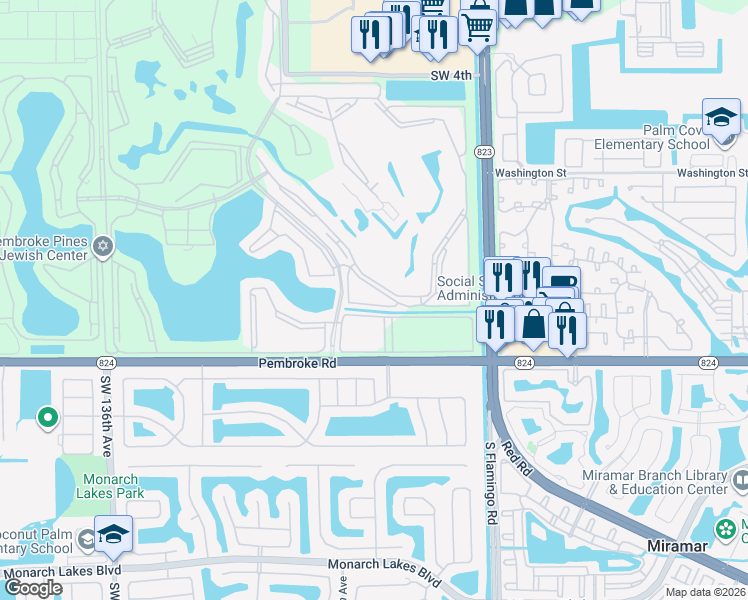 map of restaurants, bars, coffee shops, grocery stores, and more near in Pembroke Pines