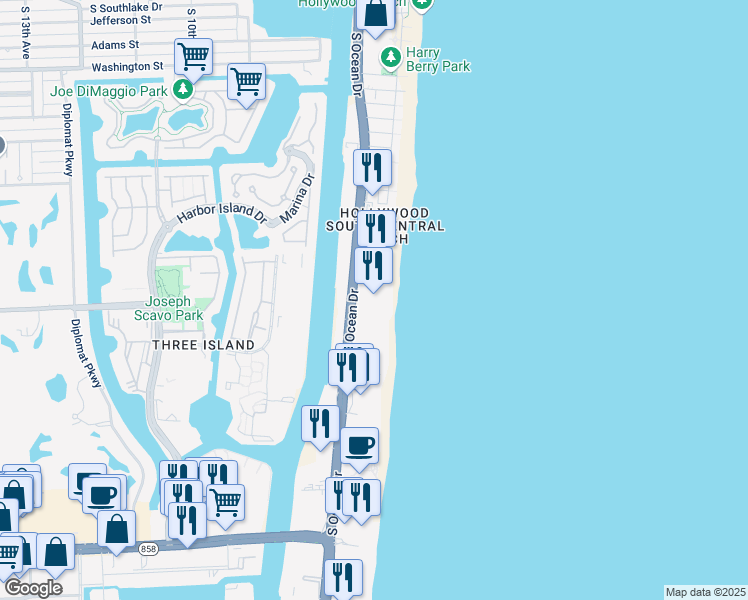 map of restaurants, bars, coffee shops, grocery stores, and more near 2751 South Ocean Drive in Hollywood