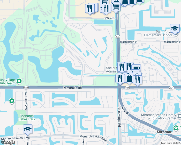 map of restaurants, bars, coffee shops, grocery stores, and more near in Pembroke Pines