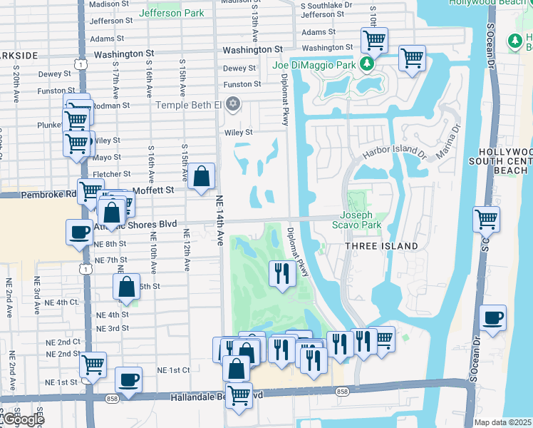 map of restaurants, bars, coffee shops, grocery stores, and more near 1457 Atlantic Shores Boulevard in Hallandale Beach