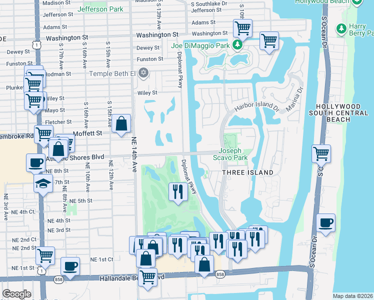 map of restaurants, bars, coffee shops, grocery stores, and more near 812 Diplomat Parkway in Hallandale Beach
