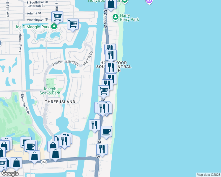 map of restaurants, bars, coffee shops, grocery stores, and more near 3001 South Ocean Drive in Hollywood