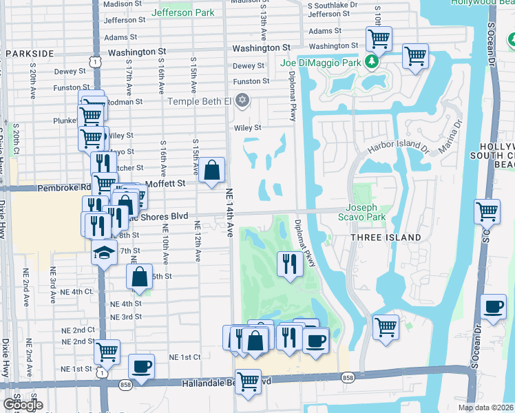 map of restaurants, bars, coffee shops, grocery stores, and more near 1450 Atlantic Shores Boulevard in Hallandale Beach