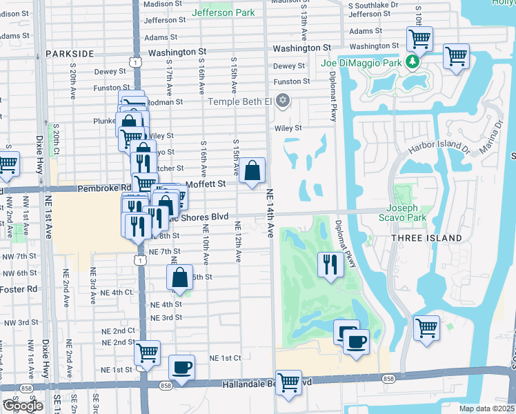 map of restaurants, bars, coffee shops, grocery stores, and more near 1250 Atlantic Shores Boulevard in Hallandale Beach
