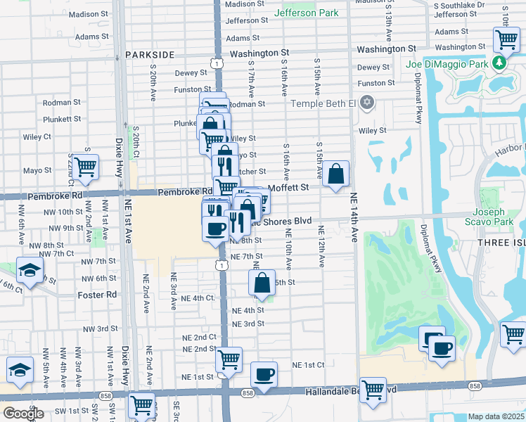 map of restaurants, bars, coffee shops, grocery stores, and more near in Hallandale Beach