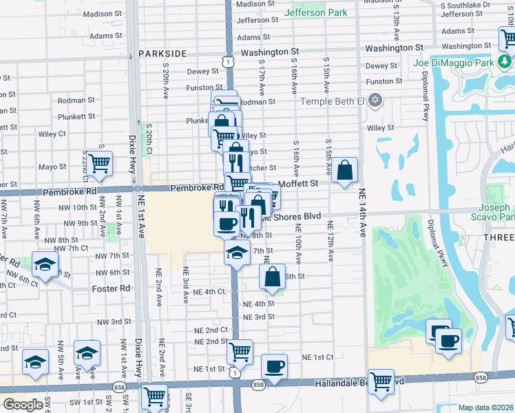 map of restaurants, bars, coffee shops, grocery stores, and more near in Hallandale Beach