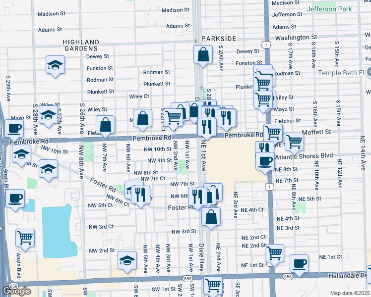 map of restaurants, bars, coffee shops, grocery stores, and more near 26 Northwest 9th Street in Hallandale Beach