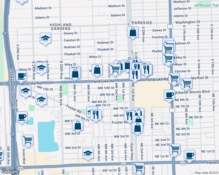 map of restaurants, bars, coffee shops, grocery stores, and more near 318 Northwest 9th Street in Hallandale Beach