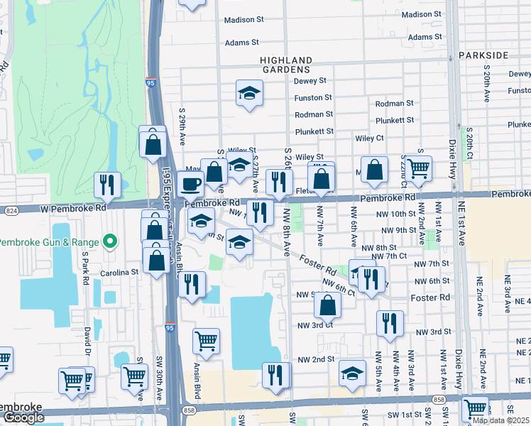 map of restaurants, bars, coffee shops, grocery stores, and more near 828 Northwest 10th Street in Hallandale Beach