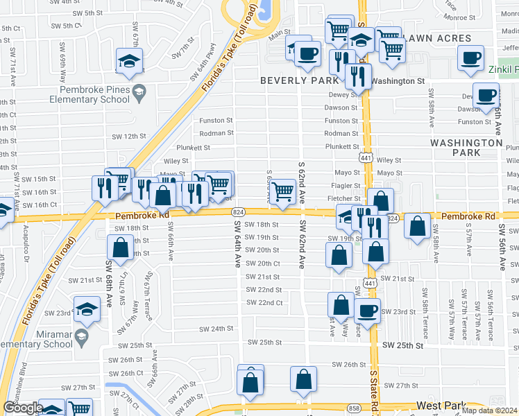 map of restaurants, bars, coffee shops, grocery stores, and more near 6319 Southwest 18th Street in Miramar
