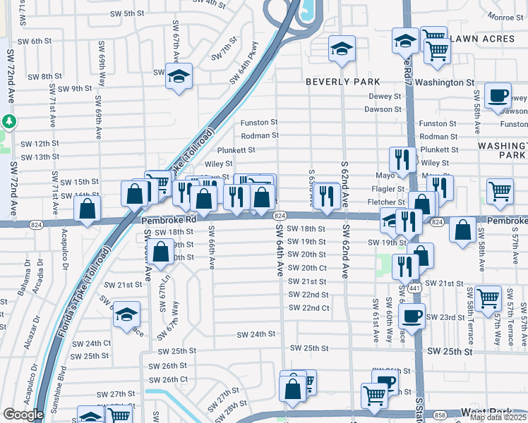 map of restaurants, bars, coffee shops, grocery stores, and more near 6405 Southwest 18th Street in Miramar