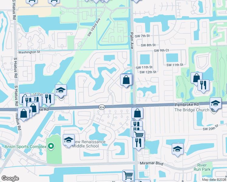 map of restaurants, bars, coffee shops, grocery stores, and more near 1468 Southwest 101st Terrace in Pembroke Pines