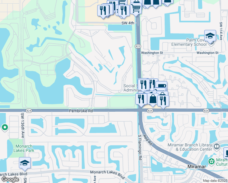 map of restaurants, bars, coffee shops, grocery stores, and more near 12650 Southwest 15th Street in Pembroke Pines